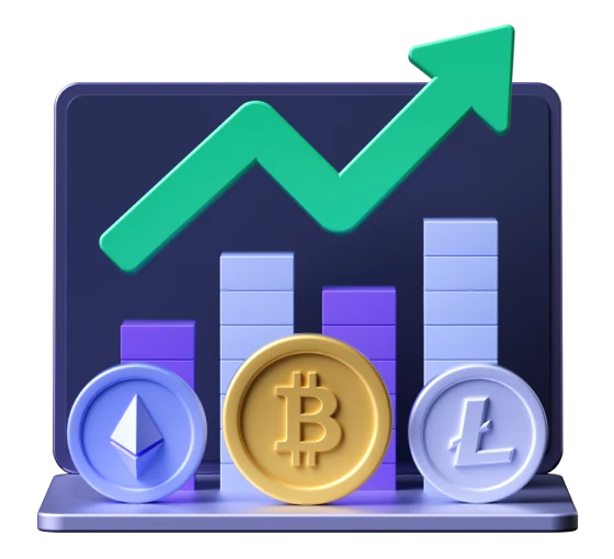 Crypto growth illustration: Ethereum, Bitcoin and Litecoin coins in front of a rising bar chart