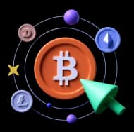 Bitcoin coin orbited by Ethereum, Litecoin and Dogecoin